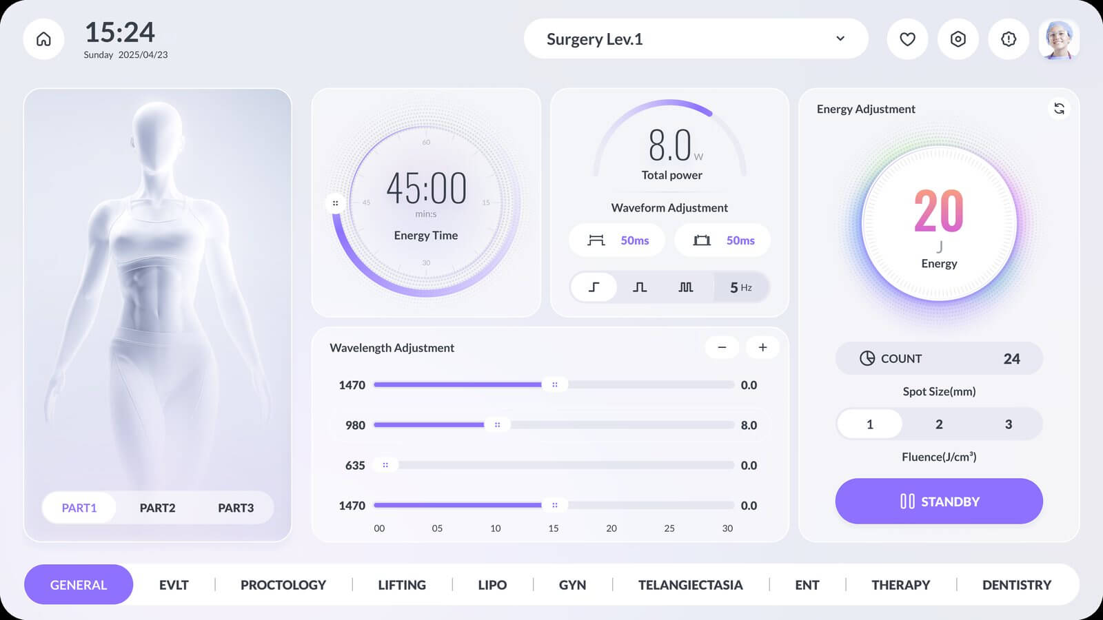 LASEVIA device UI — Lavender White theme