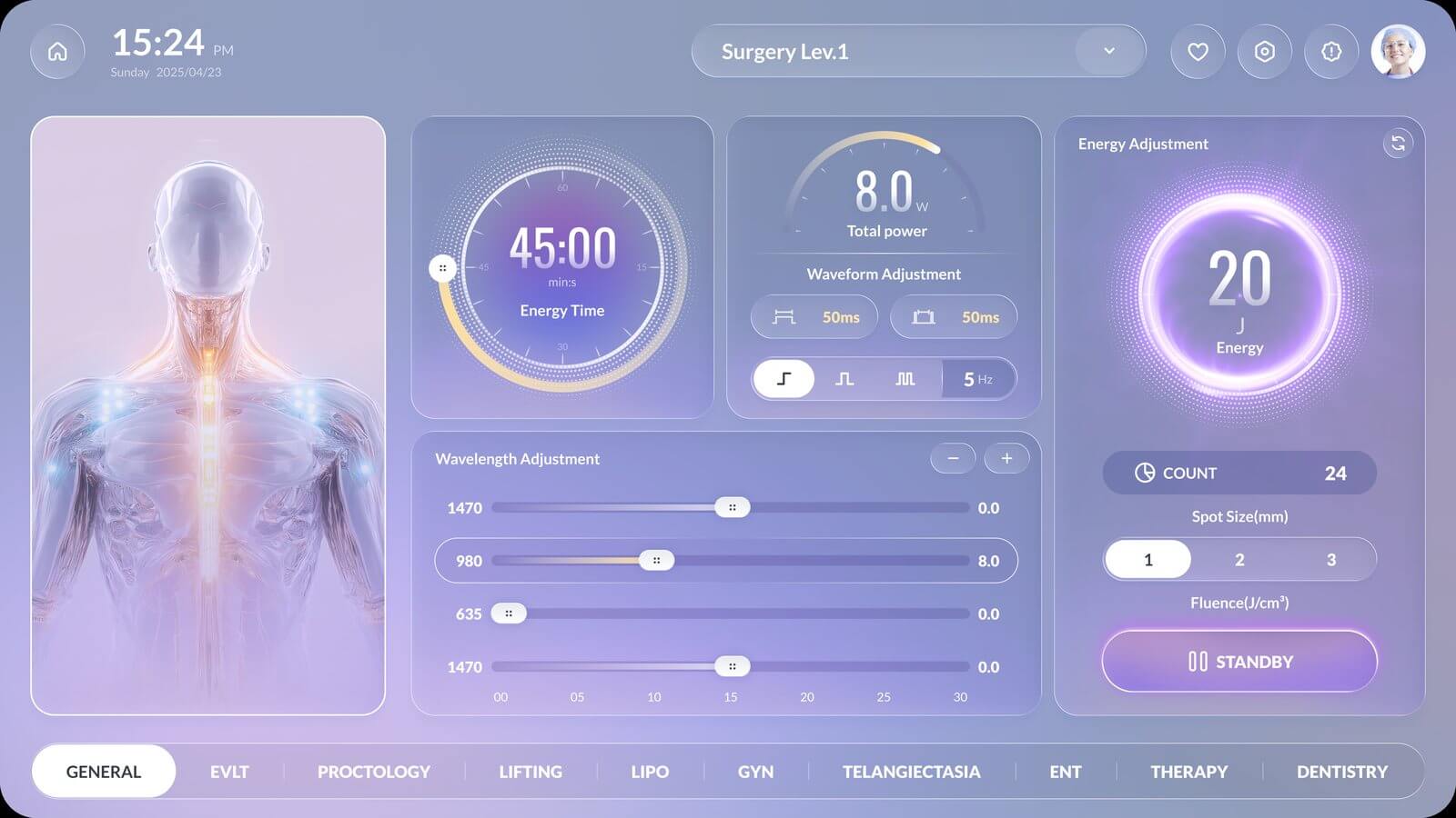 LASEVIA device UI — Fantasy Purple theme