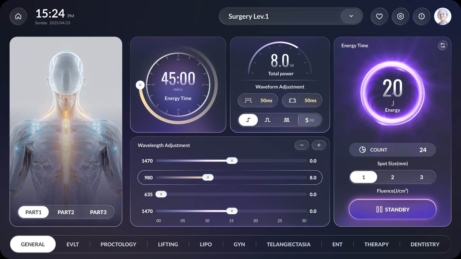 LASEVIA device UI — Obsidian Purple theme