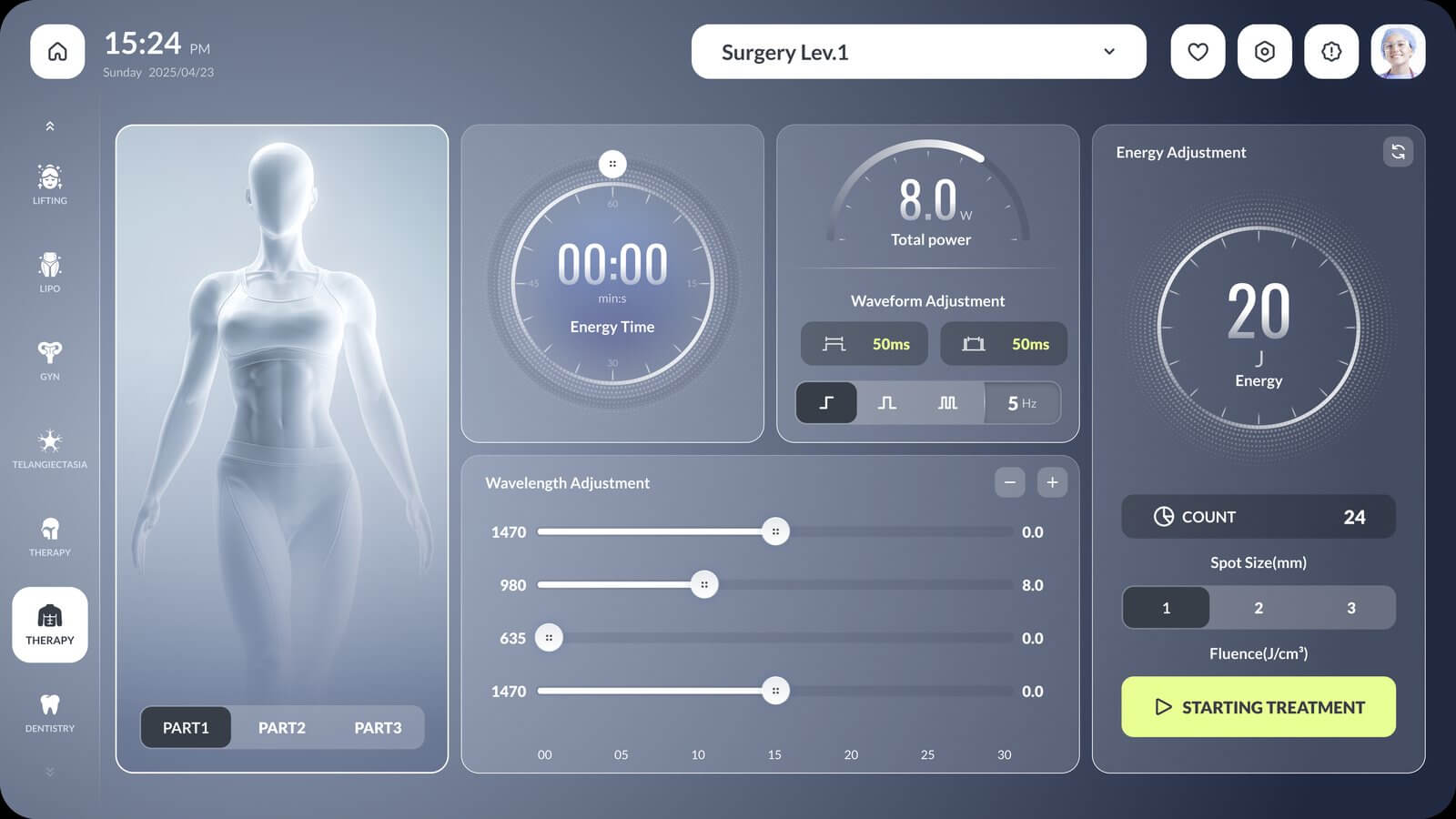 LASEVIA device UI — Mist Blue theme